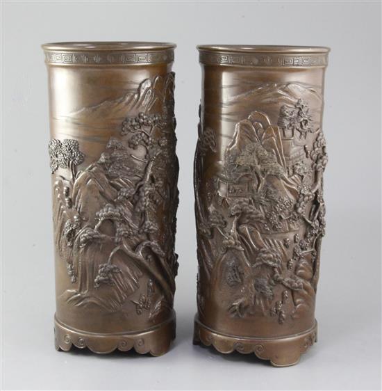 A pair of large Japanese bronze sleeve vases, Meiji period, height 31.5cm